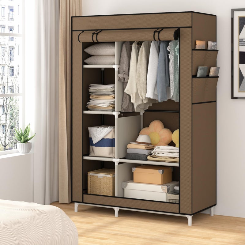 Calmootey Portable Closet Organizers, Clothing Storage, Wardrobe with 6 Shelves and Hanging Rod, Non-Woven Fabric Cover with 4 Side Pockets, Brown - Image 5
