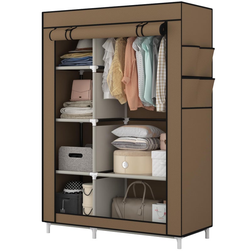 Calmootey Portable Closet Organizers, Clothing Storage, Wardrobe with 6 Shelves and Hanging Rod, Non-Woven Fabric Cover with 4 Side Pockets, Brown - Image 2