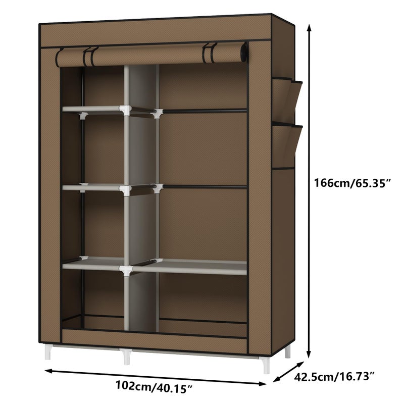 Calmootey Portable Closet Organizers, Clothing Storage, Wardrobe with 6 Shelves and Hanging Rod, Non-Woven Fabric Cover with 4 Side Pockets, Brown - Image 3