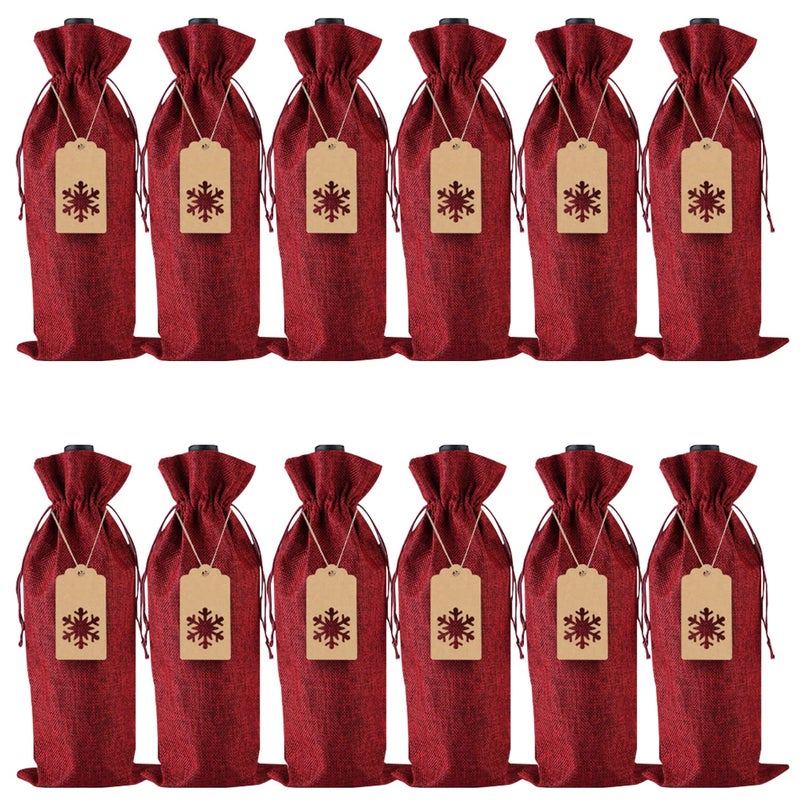PIXHOTUL Burlap Wine Gift Bags Jute Drawstring Wine Bottle Covers with Ropes and Tags for Christmas Wedding Travel Birthday Holiday Party Wine Red 12