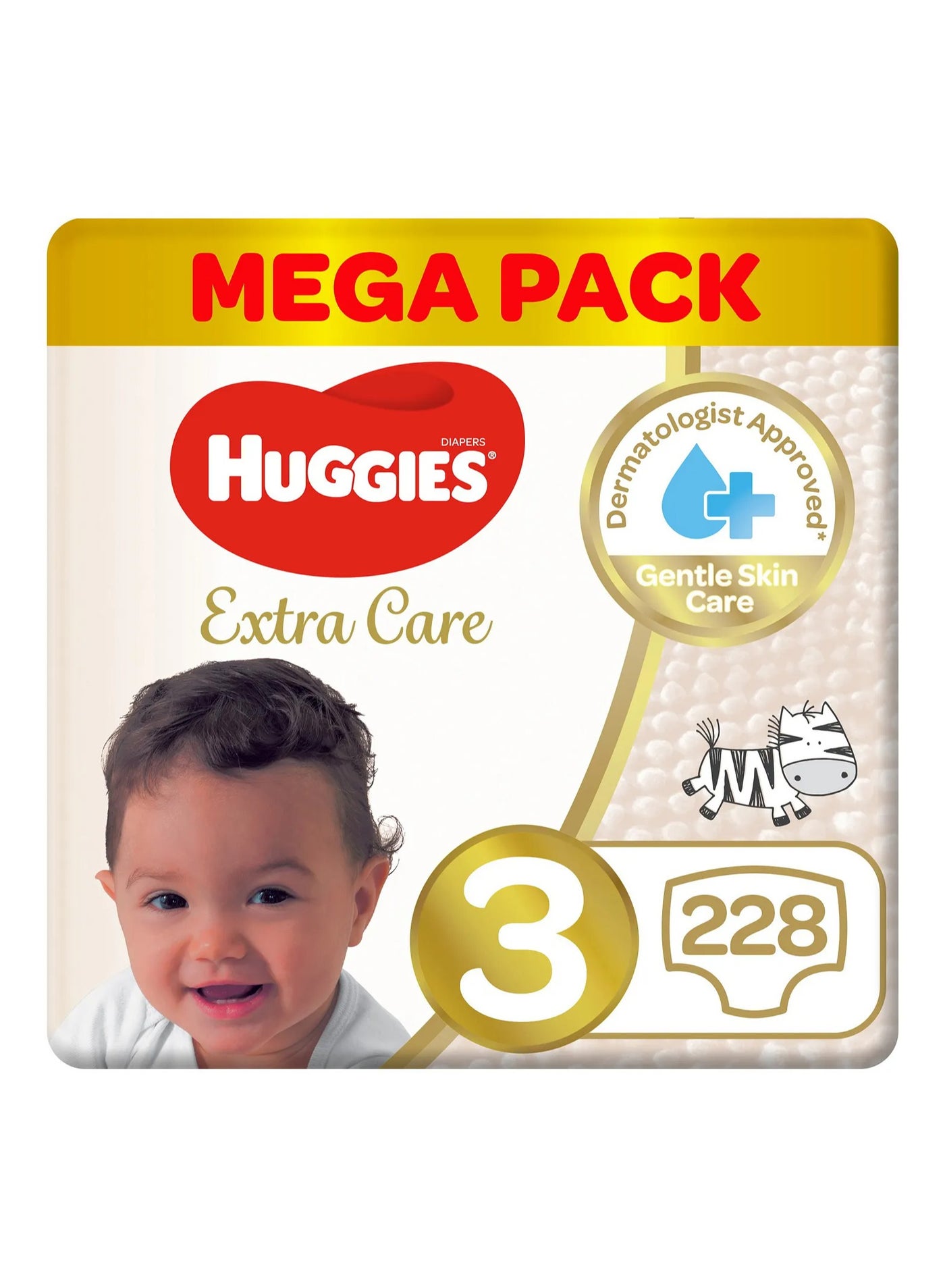 Huggies Extra Care Tape Stye Diapers, 228 Pieces Mega Pack, Size 3, 4-9kg - 12h Protection, Dermatologist Approved, Breathable