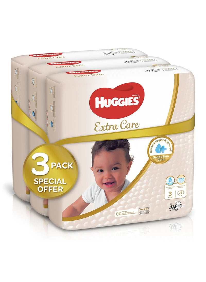 Huggies Extra Care Tape Stye Diapers, 228 Pieces Mega Pack, Size 3, 4-9kg - 12h Protection, Dermatologist Approved, Breathable - Image 2