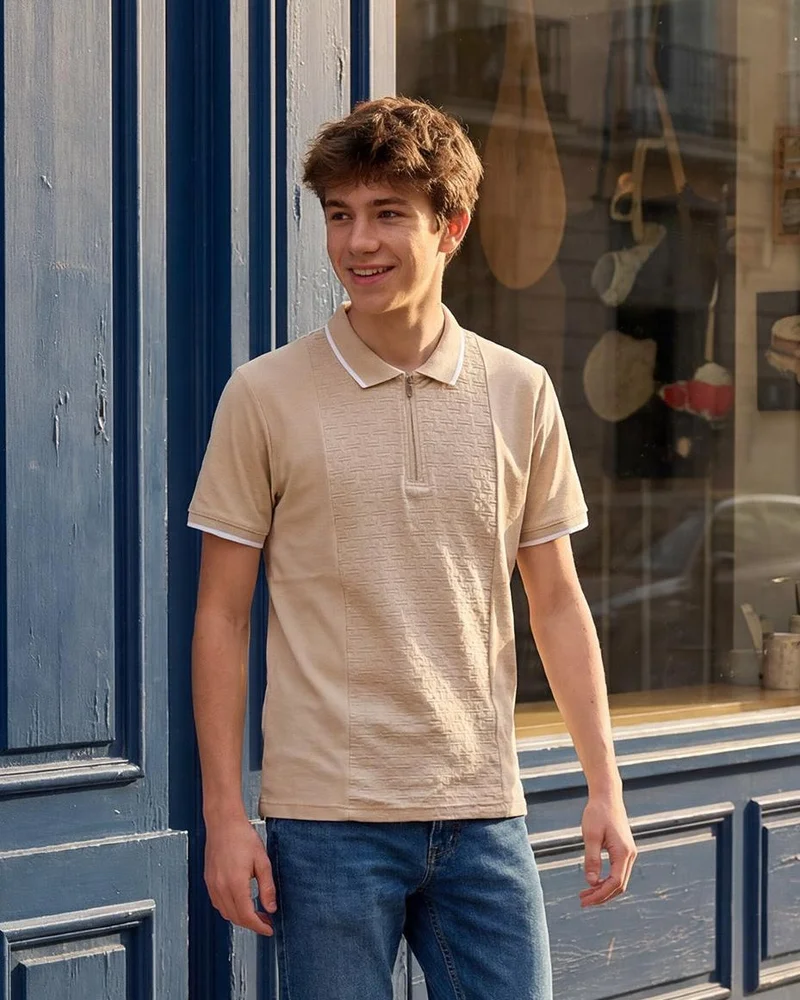 Redtag Senior Boys Beige Flock Polo Shirt