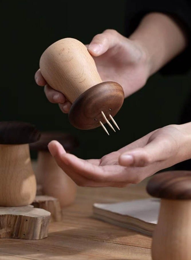 INSENSE Premium Walnut & Beech Wood Mushroom Toothpick Holder - Creative Handmade Solid Wood Toothpick Dispenser - Aesthetic Table Decor & Unique Housewarming Gift - Image 2