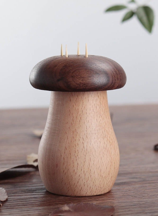 INSENSE Premium Walnut & Beech Wood Mushroom Toothpick Holder - Creative Handmade Solid Wood Toothpick Dispenser - Aesthetic Table Decor & Unique Housewarming Gift - Image 3