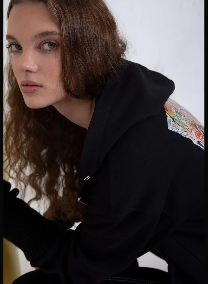 DeFacto Woman Jean-Michel Basquiat Licenced Oversize Fit Hooded Knitted Cardigan