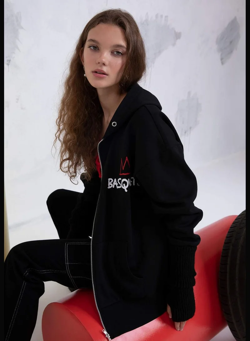 DeFacto Woman Jean-Michel Basquiat Licenced Oversize Fit Hooded Knitted Cardigan