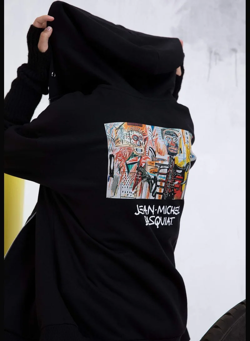 DeFacto Woman Jean-Michel Basquiat Licenced Oversize Fit Hooded Knitted Cardigan