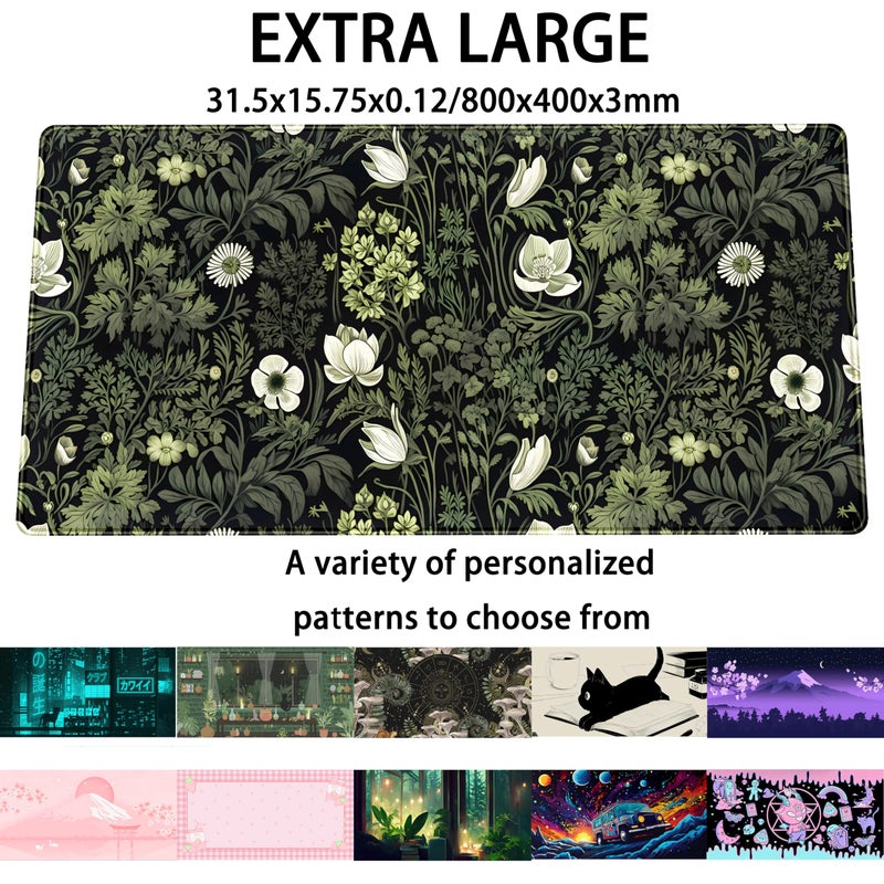 DSKGSJH Dark Green Floral Plants XXL Gaming Mousepad & Desk Pad - Nature Leaf Flower Laptop Keyboard Mat 31.5 x 15.75 - Image 2