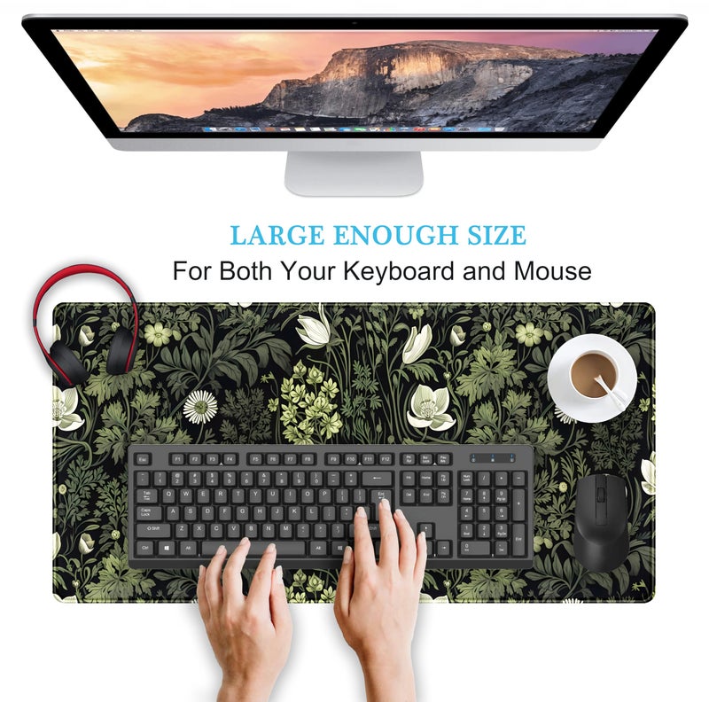 DSKGSJH Dark Green Floral Plants XXL Gaming Mousepad & Desk Pad - Nature Leaf Flower Laptop Keyboard Mat 31.5 x 15.75 - Image 3