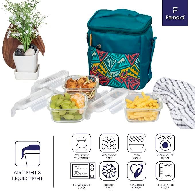 Femora Borosilicate Glass Microwave Safe Square Container Multipurpose Lunch Box for Office, Blue, 300 ml (3 Container) - Image 2