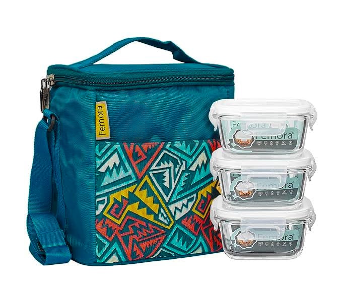 Femora Borosilicate Glass Microwave Safe Square Container Multipurpose Lunch Box for Office, Blue, 300 ml (3 Container) - Image 1