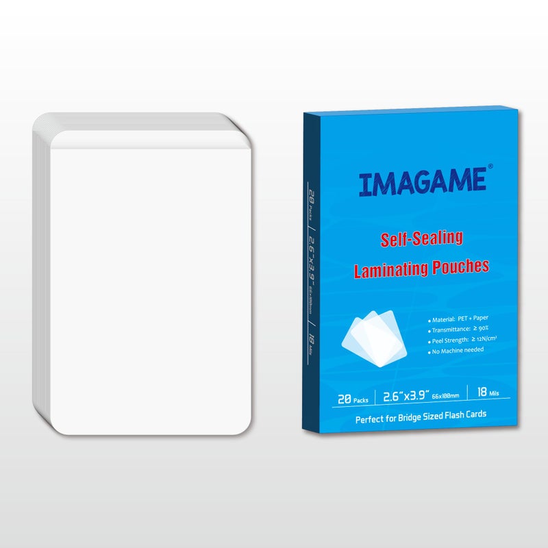 IMAGAME Self-Sealing Laminating Pouches, 2.6" x 3.9" for Business Cards and Bridge Size Flash Cards, 20 Packs 18mil Adhesive Lamination Sheets, Waterproof, No Machine Needed - Image 1