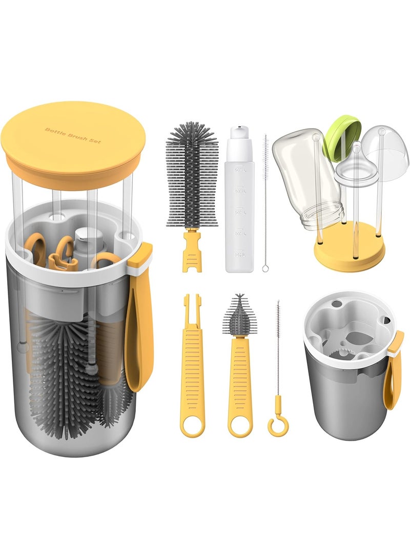 Baby Essential Travel Bottle Cleaner Kit with Silicone Bottle Brush，Built-in Snap-on Drying Rack，Silicone -Shaped Brush，2 Straw Brushes，Bottle Soap Dispenser，Bottle Warmer Bowl.（Yellow） - Image 1