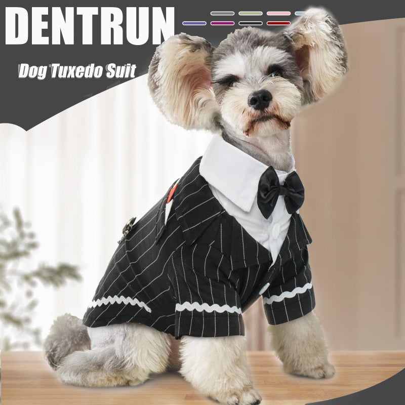 DENTRUN Dog Tuxedo Suit with Bow Tie - Formal Black & White Striped Pet Costume Shirt, Elegant Wedding Outfit Birthday Party Attire for Chihuahua Yorkie Shih Tzu Pomeranian Small Dogs, S - Image 2