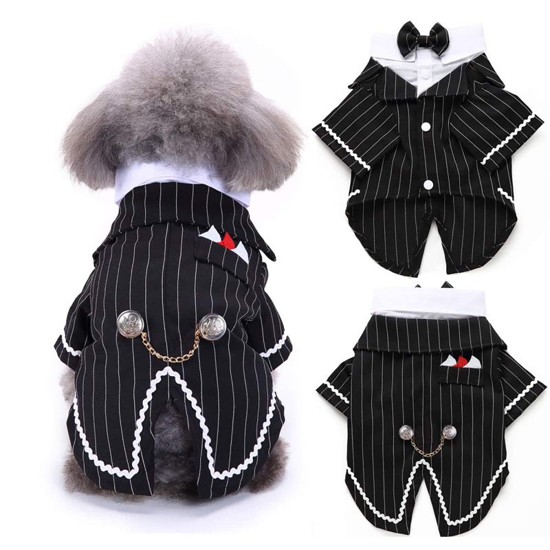 DENTRUN Dog Tuxedo Suit with Bow Tie - Formal Black & White Striped Pet Costume Shirt, Elegant Wedding Outfit Birthday Party Attire for Chihuahua Yorkie Shih Tzu Pomeranian Small Dogs, S - Image 1
