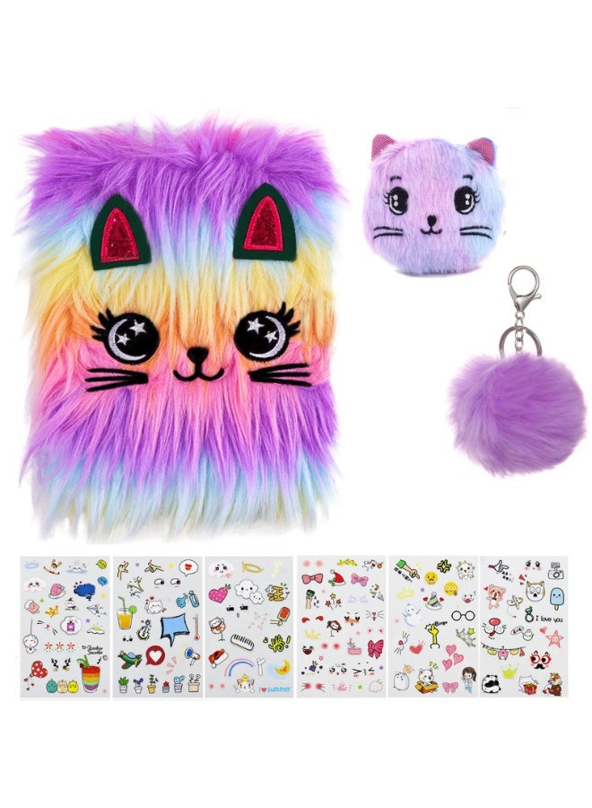 Fuzzy Cat-Themed Journal Set with Coin Purse, Keychain Pom-Pom, and 6 Cute Stickers - Image 1