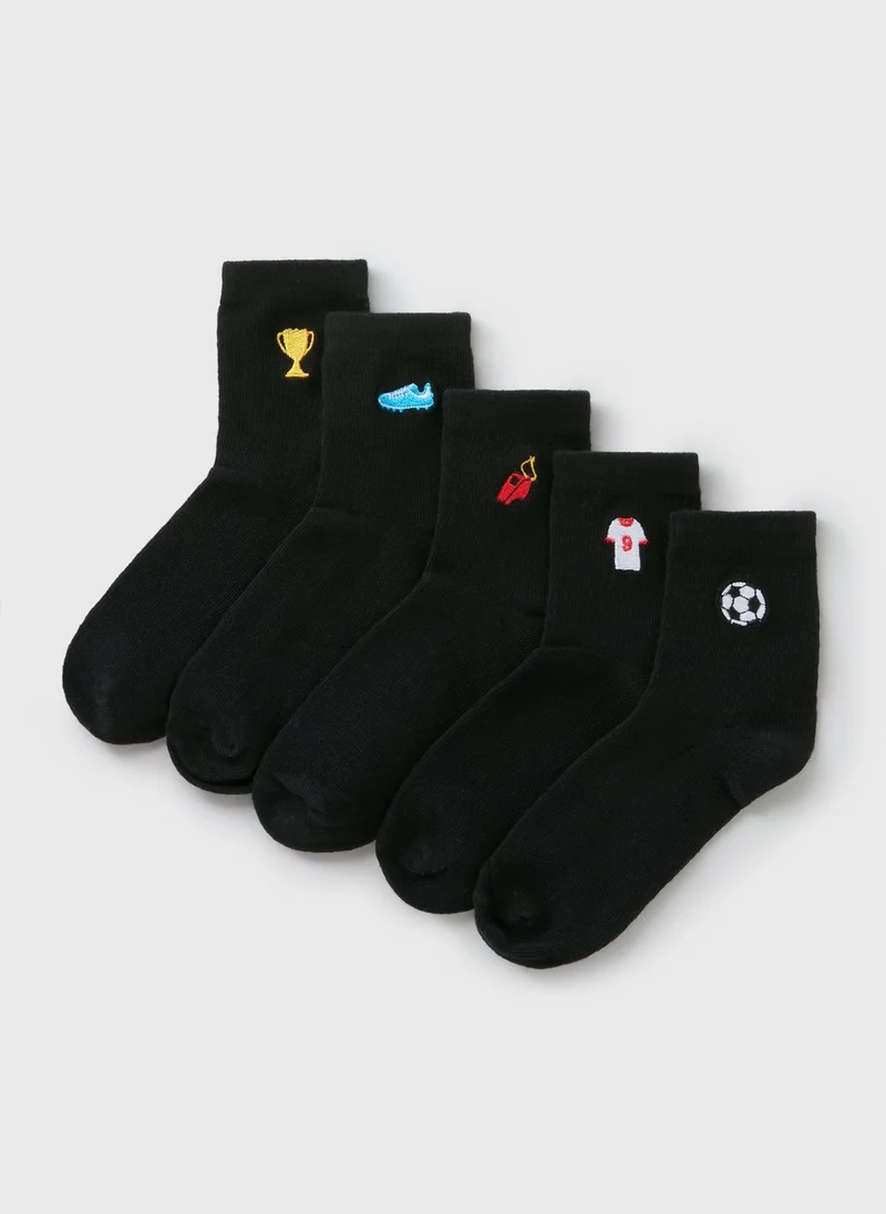 Matalan 5 Pack Kids Black Football Embroidered Socks