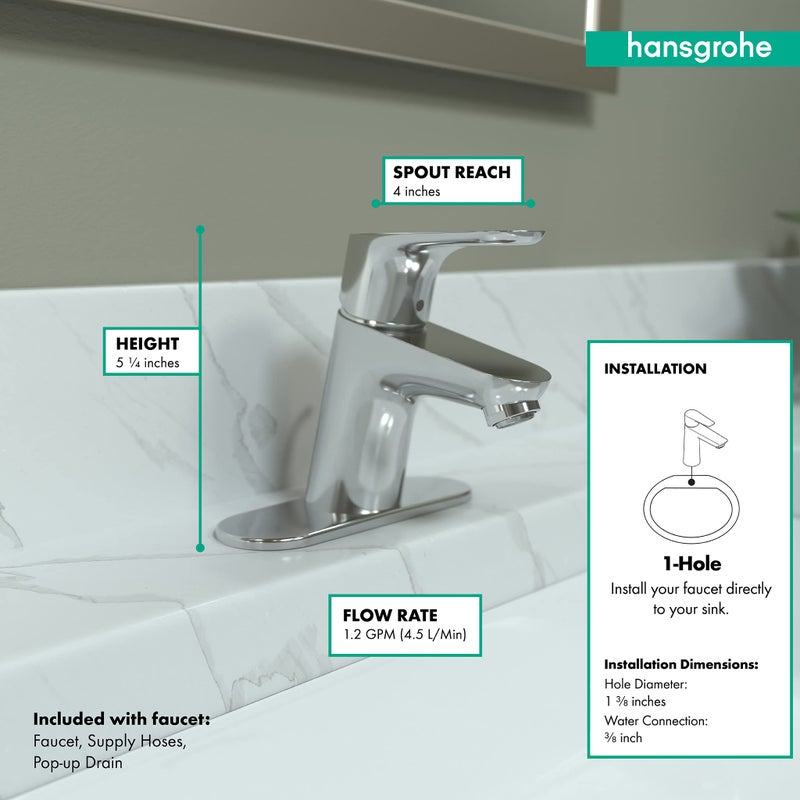 Hansgrohe حنفية حوض الحمام بيد واحدة بارتفاع 1.5 بوصة من هانزغروهي فوكوس مودرن أبغريد سهلة التنظيف بالكروم، 04370000 - Image 5