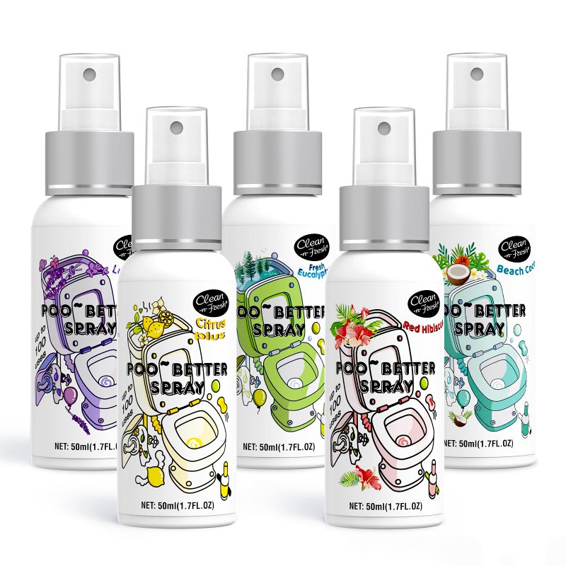 Clean-n-Fresh Toilet Spray, 8.5 Fl Oz Variety Pack of 5 - Citrus, Hibiscus, Lavender, Eucalyptus, Beach Coco, Travel Essentials Bathroom Odor Elimination, Air & Toilet Freshener, Each 1.7 Fl Oz - Image 1