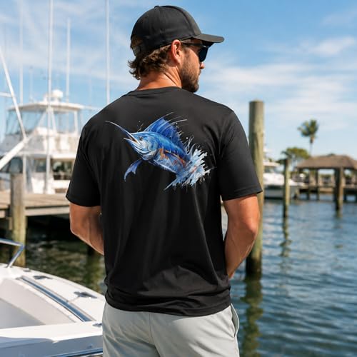 Palmyth Mens Fishing Shirt Short Sleeve Sun Protection UV UPF 50 SPF TShirt BlackSwordfish Splashing M - Image 3