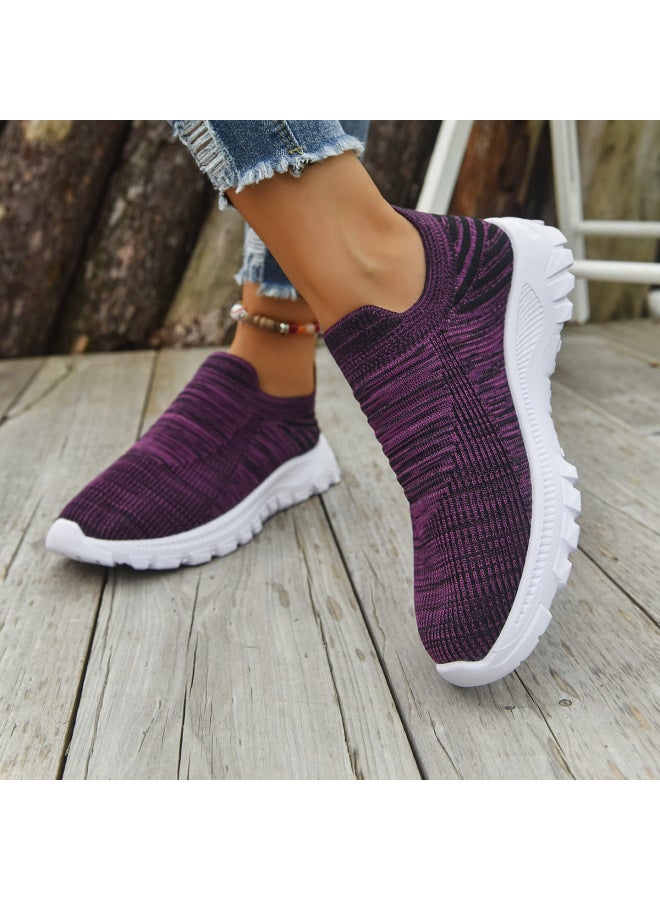 Autumn New Style Flyknit Soft Sole Breathable Low-top Slip-on Women's Fashion Casual Knitted Lazy Sneakers