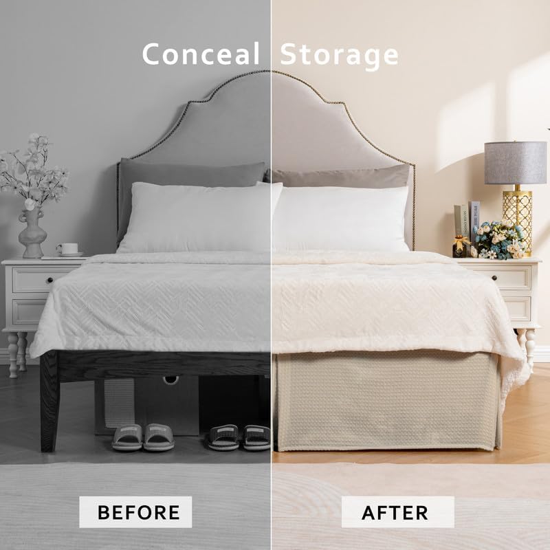 MIYE Pleated Waffle Weave Bed Skirt, Tailored Dust Ruffle 14 Inch Drop Easy Fit, Machine Washable,No Split Corners (Beige, Queen - 14" Drop) - Image 5