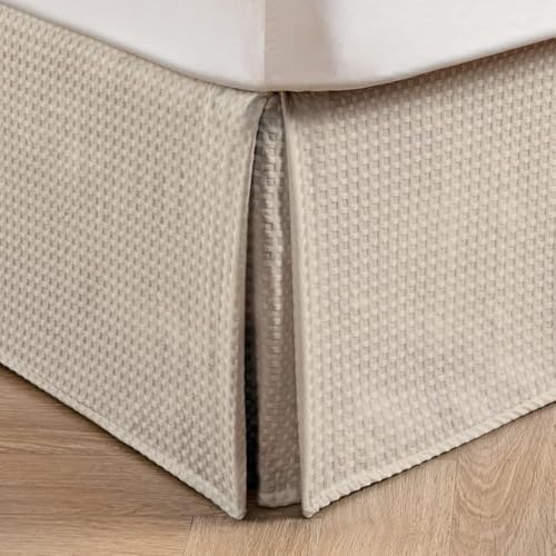 MIYE Pleated Waffle Weave Bed Skirt, Tailored Dust Ruffle 14 Inch Drop Easy Fit, Machine Washable,No Split Corners (Beige, Queen - 14" Drop) - Image 1