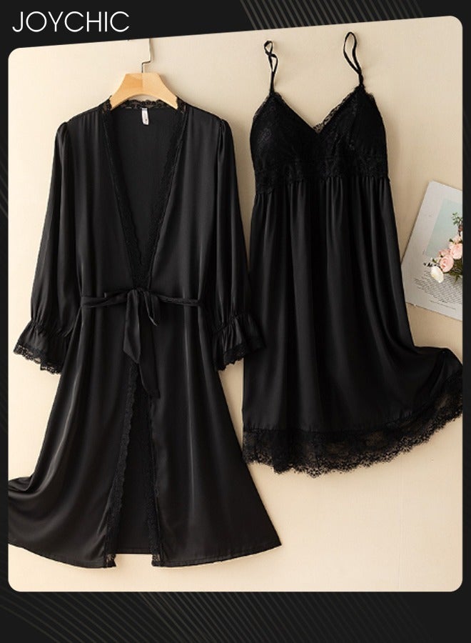 Joychic طقم بيجامة مكون من 2 قطعة للنساء ربيع وصيف خريف حرير مثلج متوسط الطول بأكمام طويلة رداء نوم + فستان نوم برقبة على شكل V تنفس فستان نوم أسود - Image 1