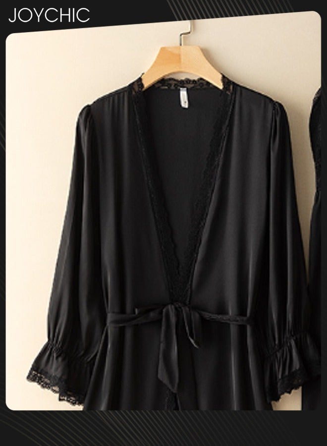 Joychic طقم بيجامة مكون من 2 قطعة للنساء ربيع وصيف خريف حرير مثلج متوسط الطول بأكمام طويلة رداء نوم + فستان نوم برقبة على شكل V تنفس فستان نوم أسود - Image 2