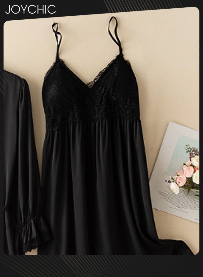 Joychic طقم بيجامة مكون من 2 قطعة للنساء ربيع وصيف خريف حرير مثلج متوسط الطول بأكمام طويلة رداء نوم + فستان نوم برقبة على شكل V تنفس فستان نوم أسود - Image 4