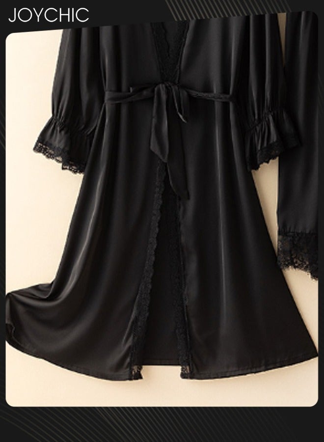 Joychic طقم بيجامة مكون من 2 قطعة للنساء ربيع وصيف خريف حرير مثلج متوسط الطول بأكمام طويلة رداء نوم + فستان نوم برقبة على شكل V تنفس فستان نوم أسود - Image 3