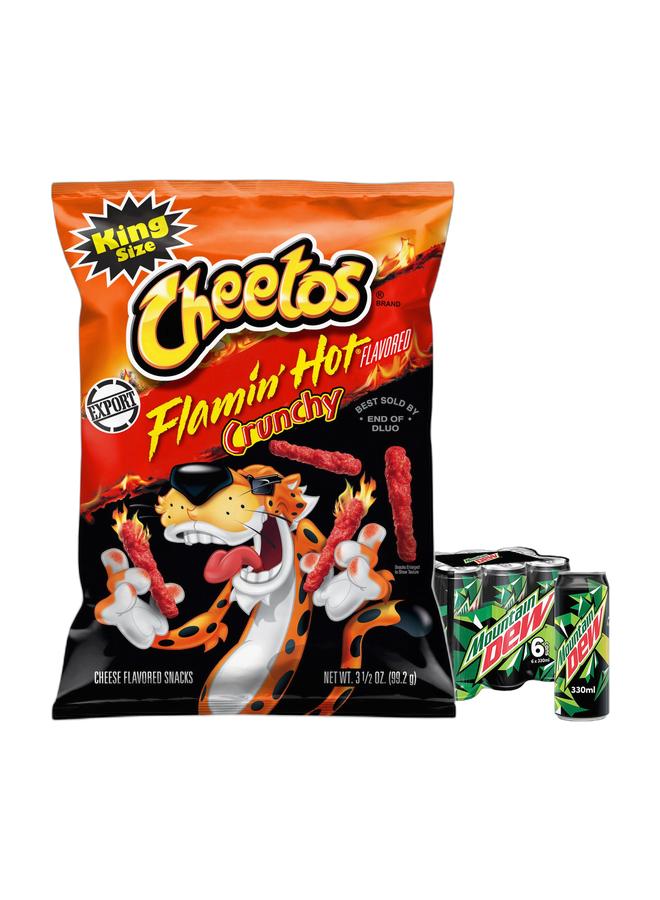 Cheetos Flamin Hot Crunchy Cheese Puffs 99g & Carbonated Soft Drink Zero Calories And No Sugar Cans 330ml Pack of 6 Bundle