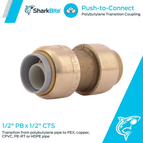SharkBite 1/2 Inch Polybutylene Transition Coupling, Push to Connect Brass Plumbing Fitting, PEX Pipe, Copper, CPVC, PE-RT, HDPE, U4008LFA - Image 2