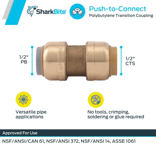 SharkBite 1/2 Inch Polybutylene Transition Coupling, Push to Connect Brass Plumbing Fitting, PEX Pipe, Copper, CPVC, PE-RT, HDPE, U4008LFA - Image 3