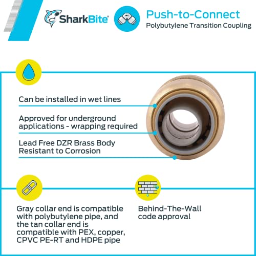 SharkBite 1/2 Inch Polybutylene Transition Coupling, Push to Connect Brass Plumbing Fitting, PEX Pipe, Copper, CPVC, PE-RT, HDPE, U4008LFA - Image 4