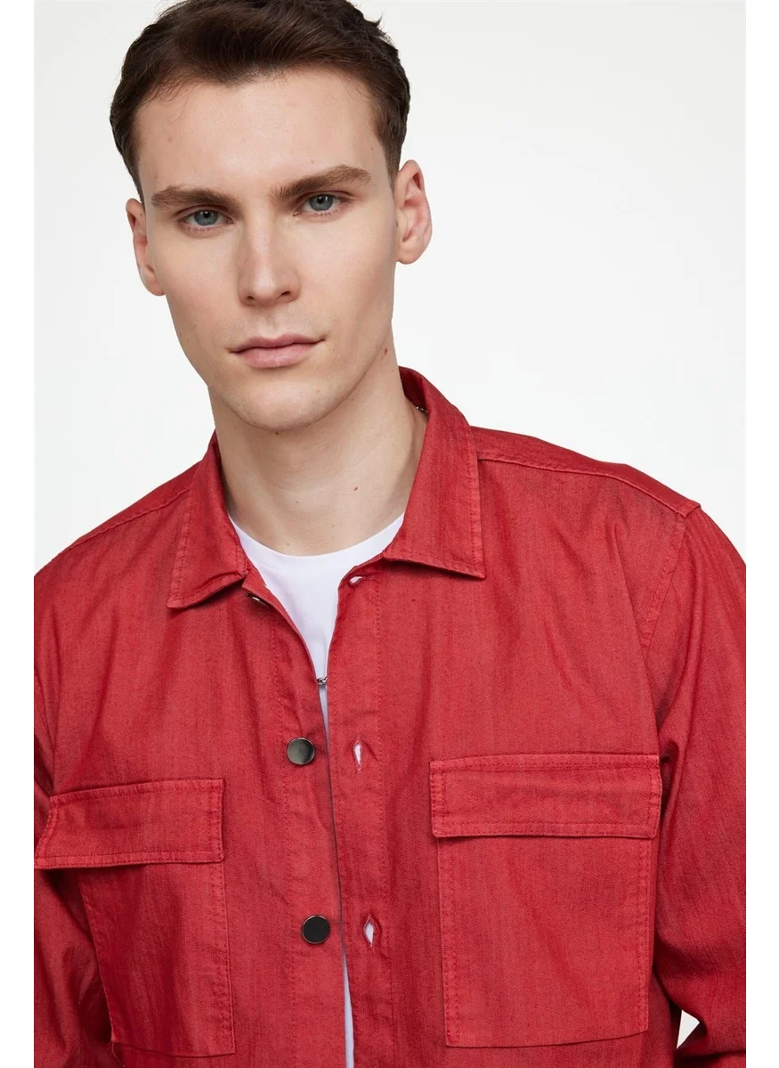 Tudors Slim Fit Denim Double Pocket Flap Metal Button Men's Red Shirt