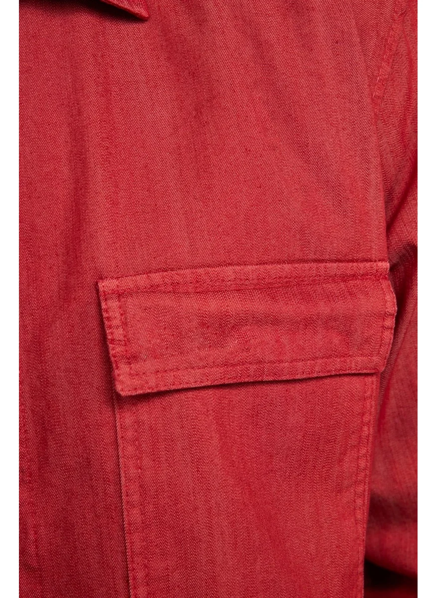 Tudors Slim Fit Denim Double Pocket Flap Metal Button Men's Red Shirt