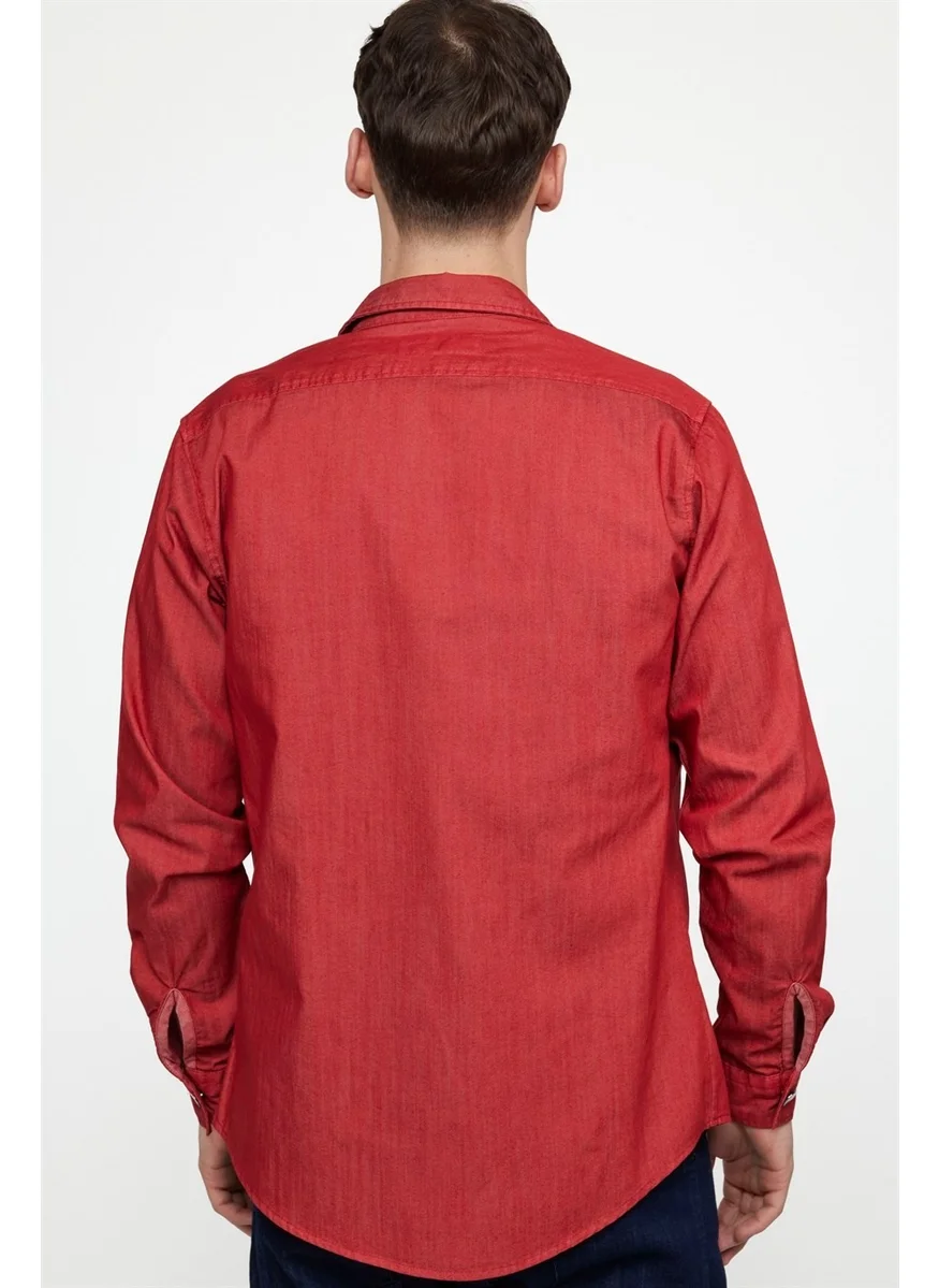 Tudors Slim Fit Denim Double Pocket Flap Metal Button Men's Red Shirt