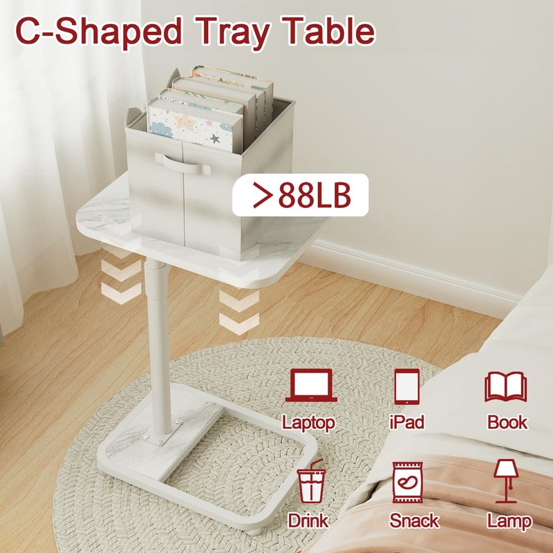 GOYLSER C Shaped Tv Trays Living Room End Table End Stand, White Marble Minimalist Wooden C Table for Sofa, Height Adjustable Tv Tray Tables Side Table for Dinner Eating - Image 5