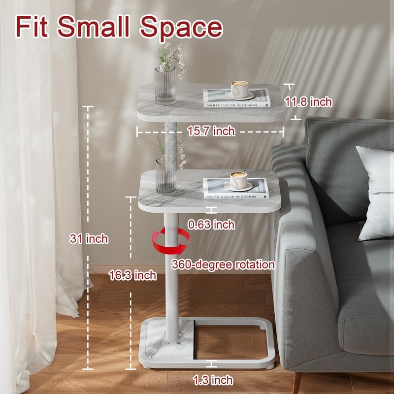 GOYLSER C Shaped Tv Trays Living Room End Table End Stand, White Marble Minimalist Wooden C Table for Sofa, Height Adjustable Tv Tray Tables Side Table for Dinner Eating - Image 2