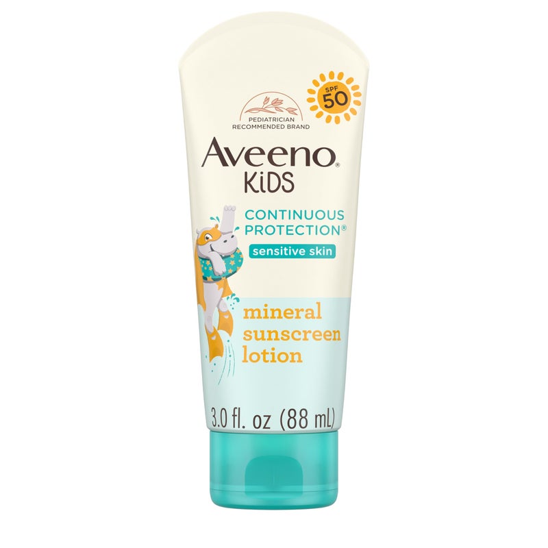 Aveeno Kids Continuous Protection Zinc Oxide Mineral Sunscreen Lotion for Children's Sensitive Skin with Broad Spectrum SPF 50, Tear-Free, Sweat- & Water-Resistant, Non-Greasy, 3 fl. oz - Image 1