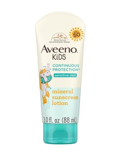 Aveeno Aveeno Kids Continuous Protection Zinc Oxide Mineral Sunscreen Lotion for Children's Sensitive Skin with Broad Spectrum SPF 50, Tear-Free, Sweat- & Water-Resistant, Non-Greasy, 3 fl. Oz  - Image 1