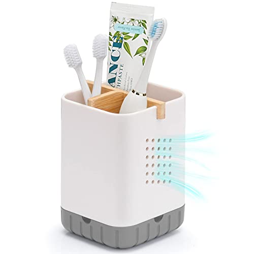 Boperzi Toothbrush and Toothpaste Holder with Bamboo Divider for Bathroom Countertop Organizer, Plastic Detachable Anti-Slip Large Electric Toothbrush Holders Storage Caddy Drainage for Family, Kids - Image 1