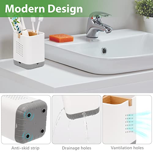 Boperzi Toothbrush and Toothpaste Holder with Bamboo Divider for Bathroom Countertop Organizer, Plastic Detachable Anti-Slip Large Electric Toothbrush Holders Storage Caddy Drainage for Family, Kids - Image 4