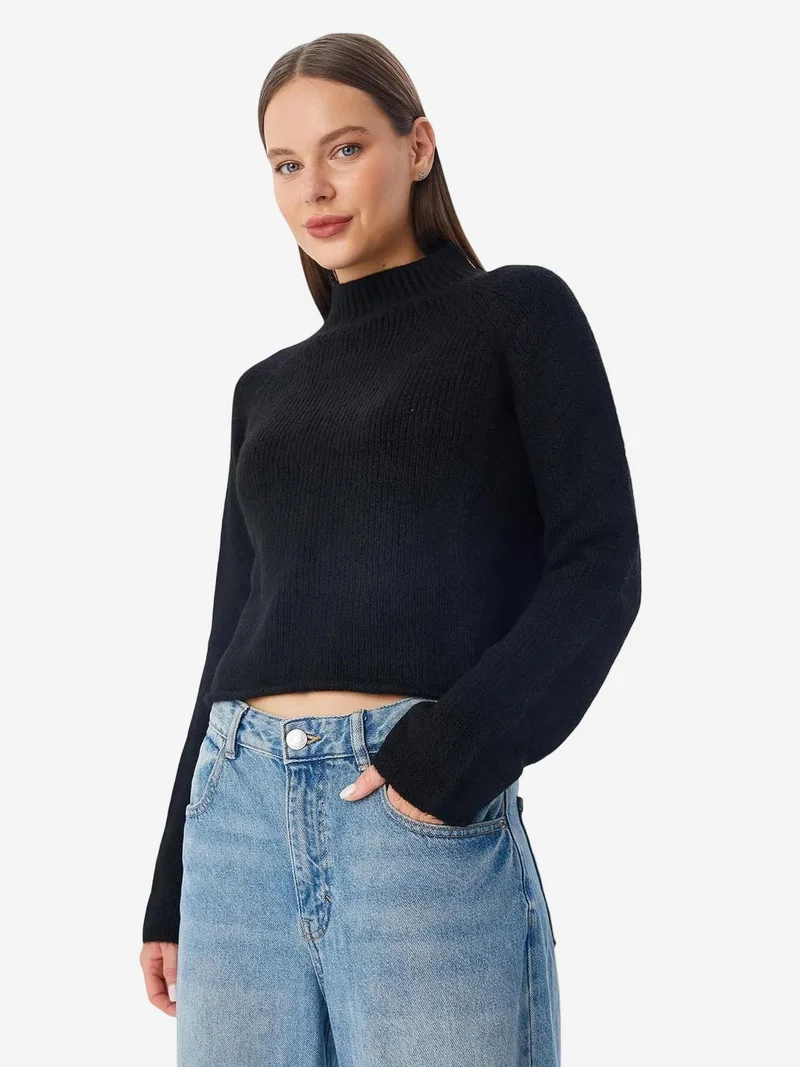 Mixray Black MIXRAY Women's Cropped Textured Knit Sweater for Women | Best Price UAE