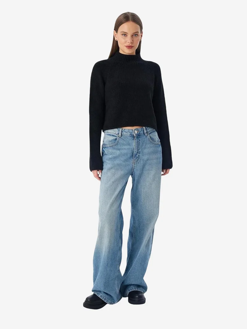 Mixray Black MIXRAY Women's Cropped Textured Knit Sweater for Women | Best Price UAE