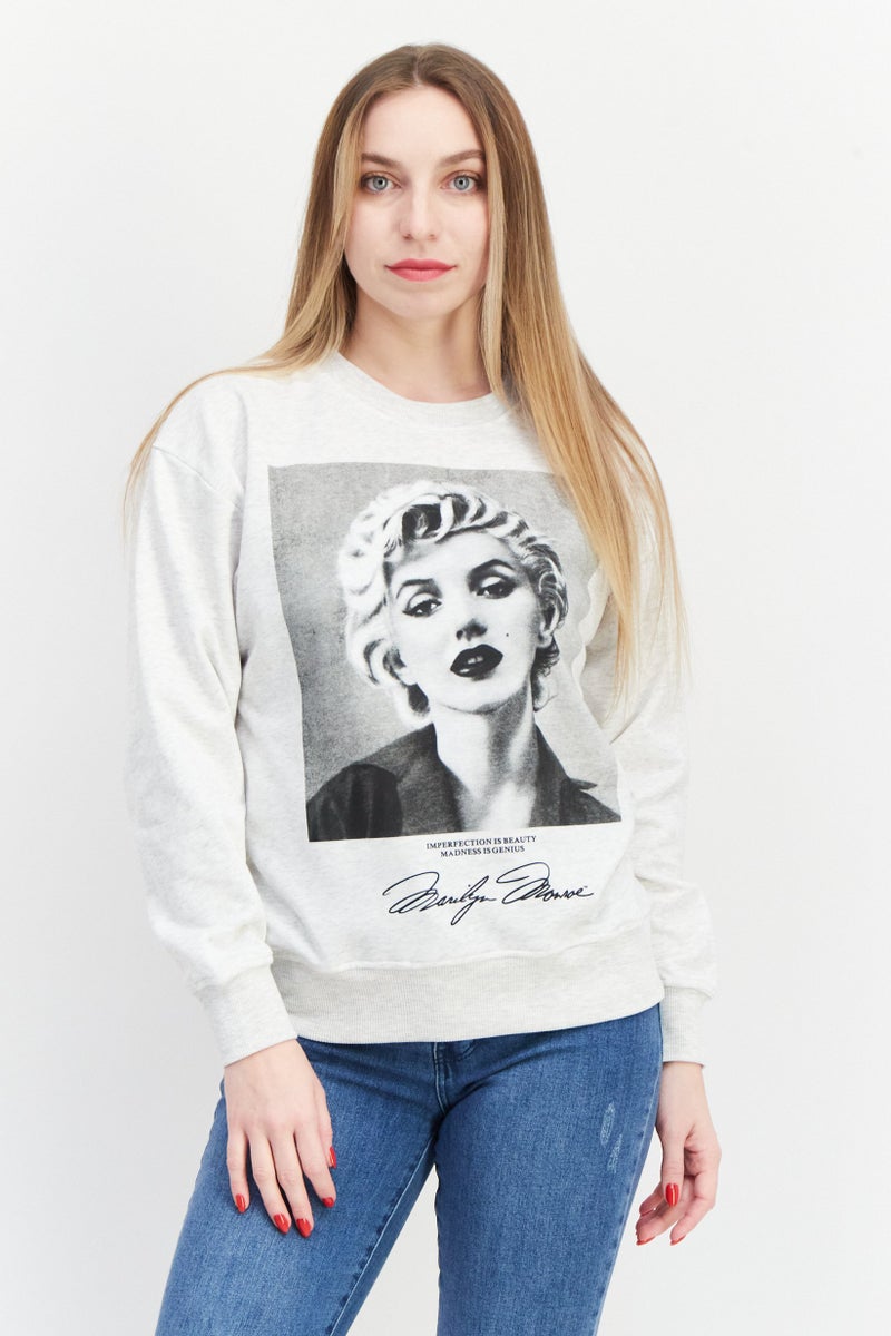 Marilyn Monroe Women Crew Neck Printed Long Sleeve Sweatshirts, Light Grey Melange - Image 1