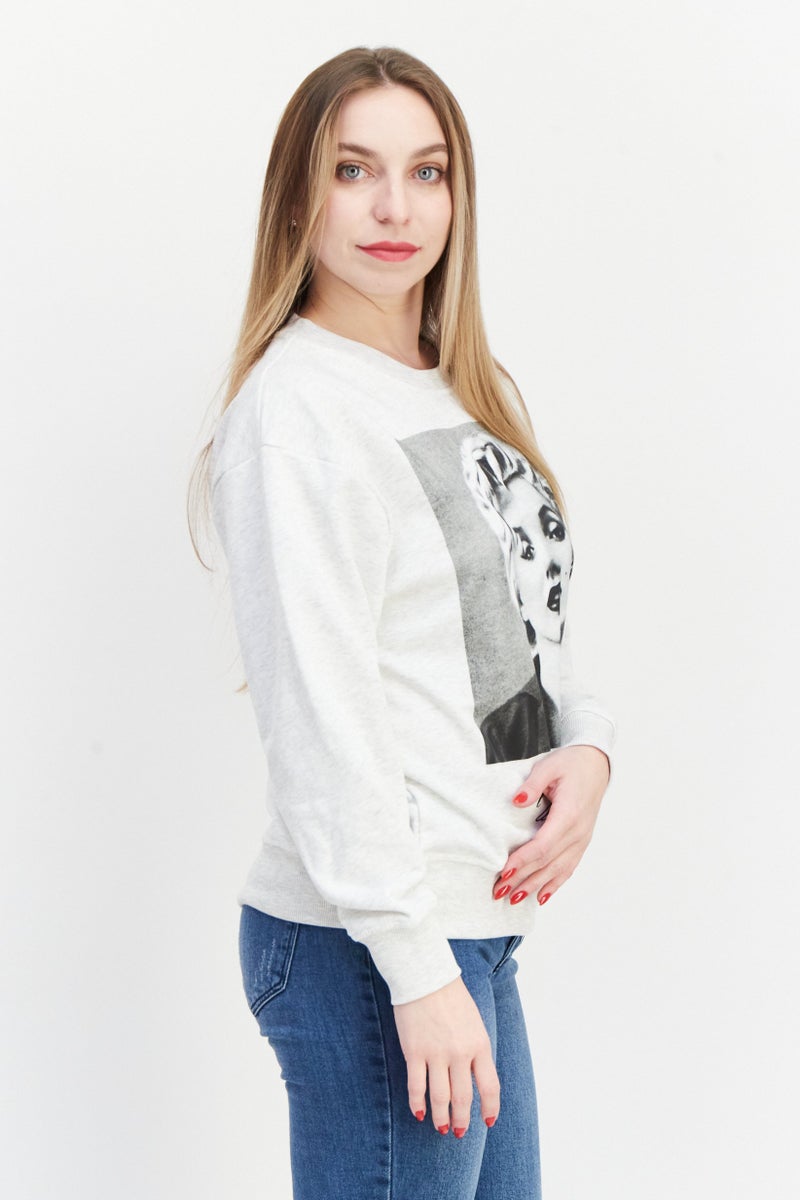 Marilyn Monroe Women Crew Neck Printed Long Sleeve Sweatshirts, Light Grey Melange - Image 3