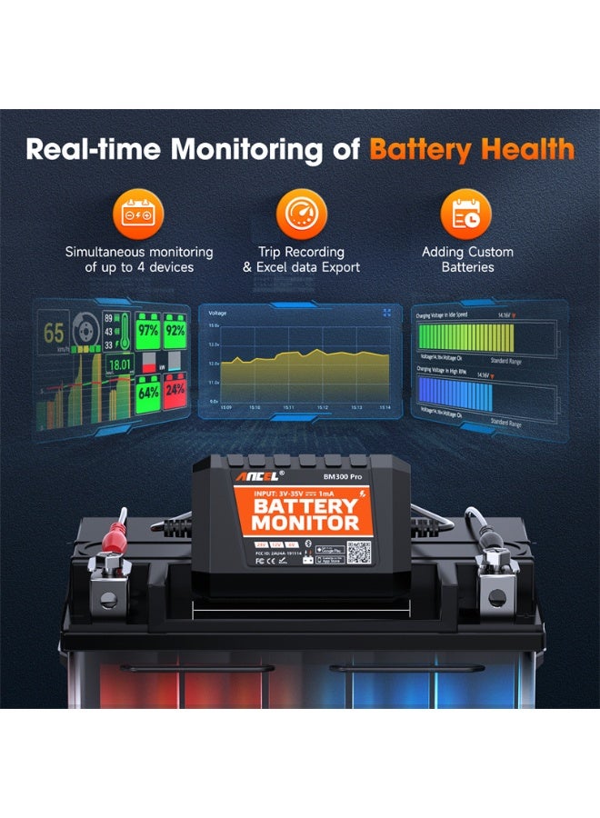 Ancel BM300Pro 6V 12V 24V Battery Monitor - Bluetooth 5.3 Battery Monitor with Charging, Cranking System Test & Alarm - IP67 Waterproof Voltmeter for Trucks, Cars, Motorcycles, Boats - Image 4